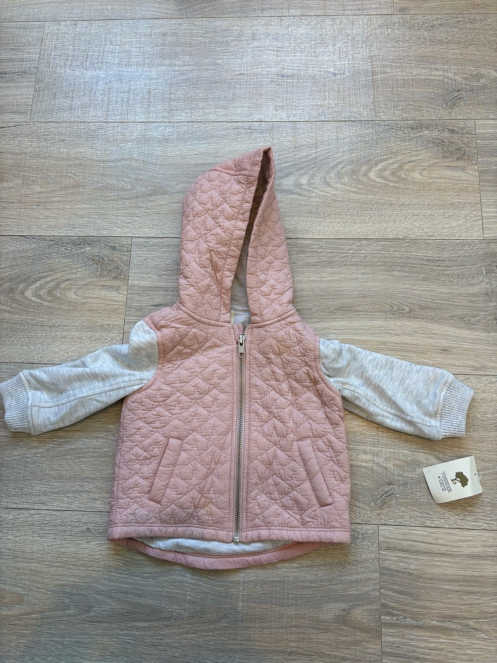 Tucker + Tate Quilted Pink Hooded Jacket with Heather Gray Sleeves